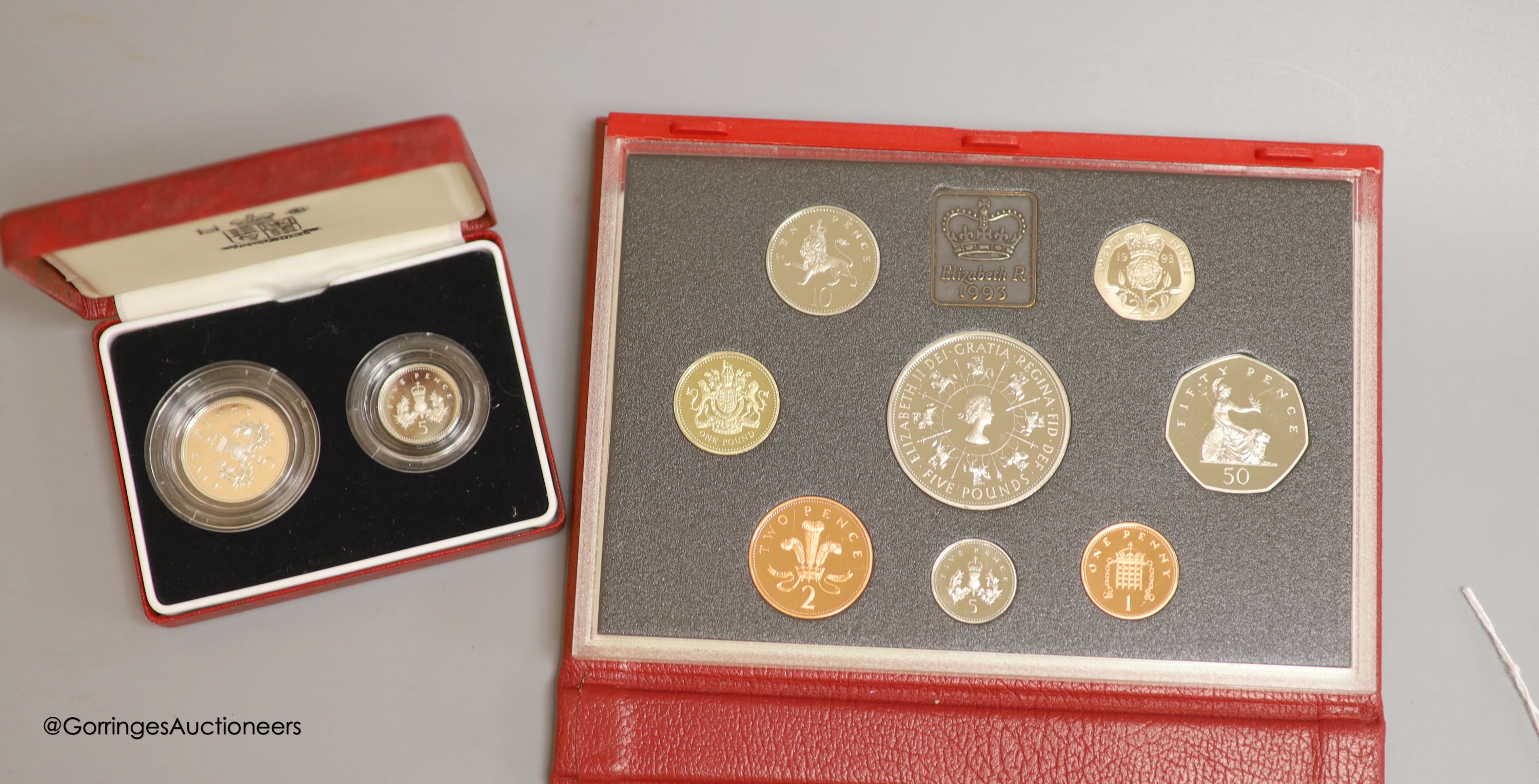 A Royal Mint UK 1993 proof coin collection set and a 1990 silver proof five pence 2 coin set